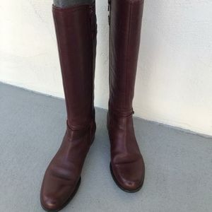 Women's Burgundy leather low heeled, calf-high boots